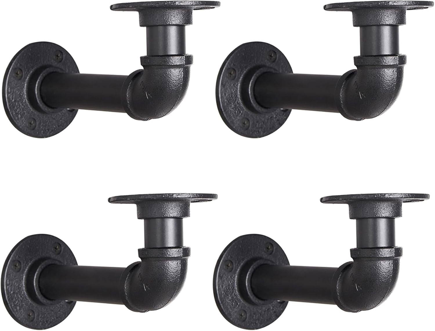 Industrial L Pipe Shelf Brackets for 7-14 in Depth Wood,Heavy-Duty 3/4" Iron,Wall Mount Floating Shelf Bracket L Metal Pipe Shelving Brackets for Wood-Black DIY Pipe Shelves(6.7*3.1 Inch 4 Pack)