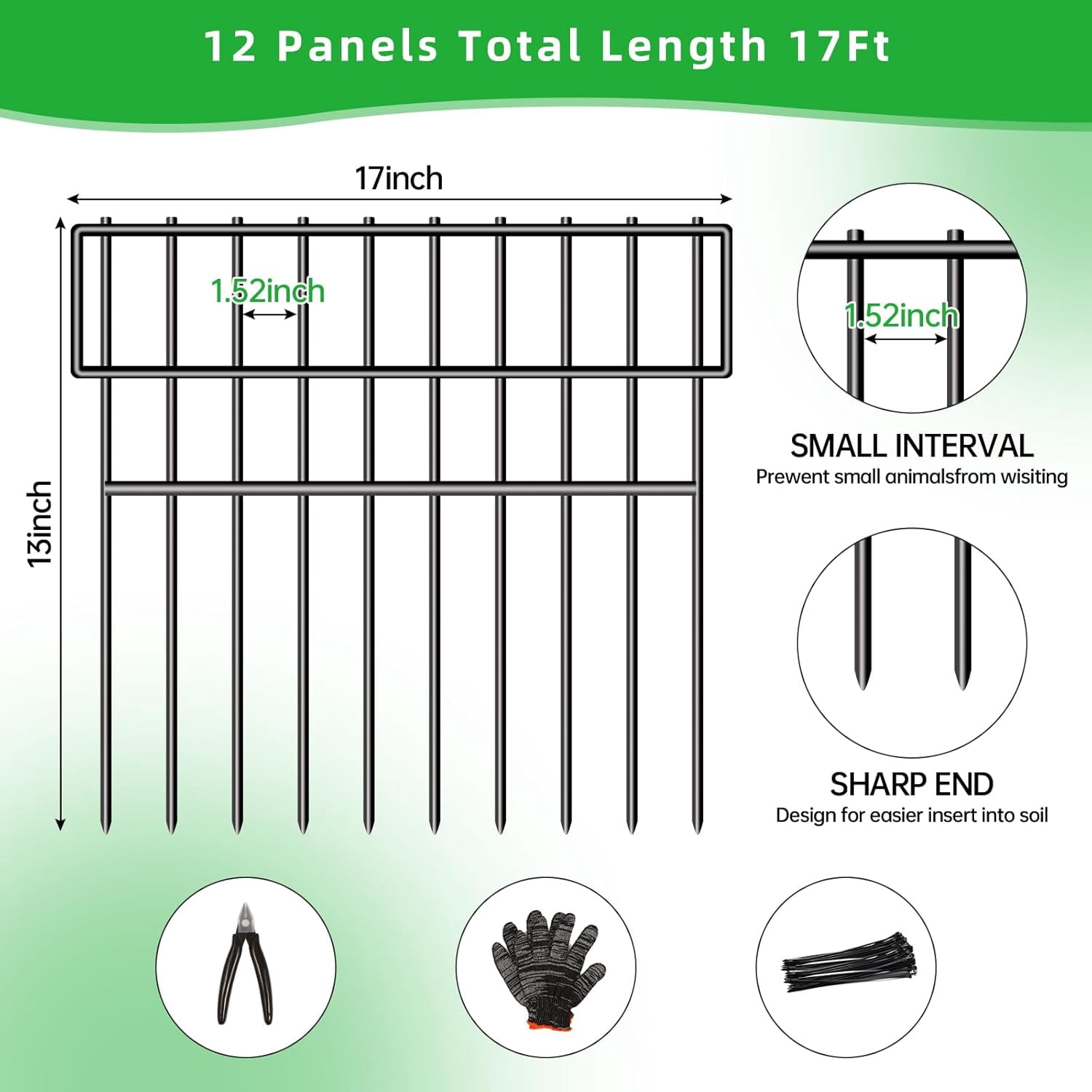 39.5ft Long No Dig Animal Barrier Fence, 13in High with 28 Panels, 1.52in Gap Anti-Digging Dog Barrier, Rustproof Metal Garden Edging for Yard and Lawn Defense