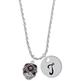 thumbnail image 1 of Delight Jewelry Silvertone Diagonal Banded Barrel with Hot Pink Crystals Spinner Silvertone Script Initial Disc - T - Charm Necklace, 20"+3", 1 of 4