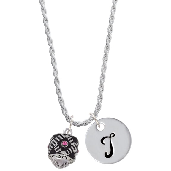 Delight Jewelry Silvertone Diagonal Banded Barrel with Hot Pink Crystals Spinner Silvertone Script Initial Disc - T - Charm Necklace, 20"+3"