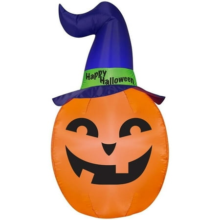 Home Accents Holiday Halloween Inflatable  4.99 ft. Pre-Lit Pumpkin with Witch Hat Airblown Decoration 220664