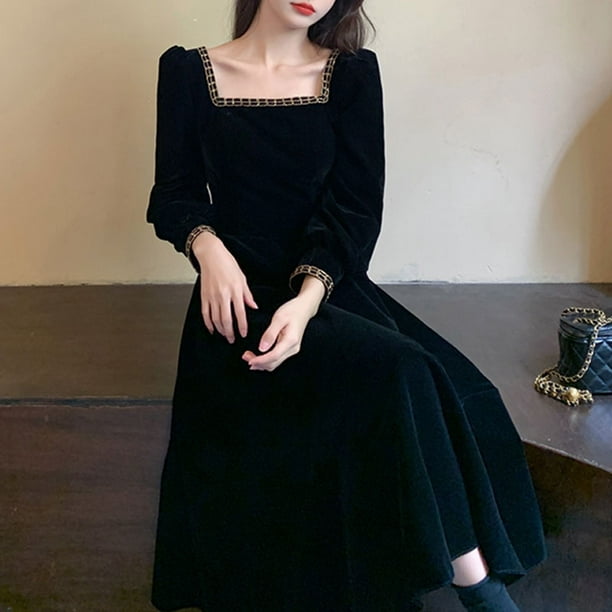 Women French Velvet Dress Retro Square Collar Puff Sleeves Simple Solid  Color Large Swing Long Sleeves Dress