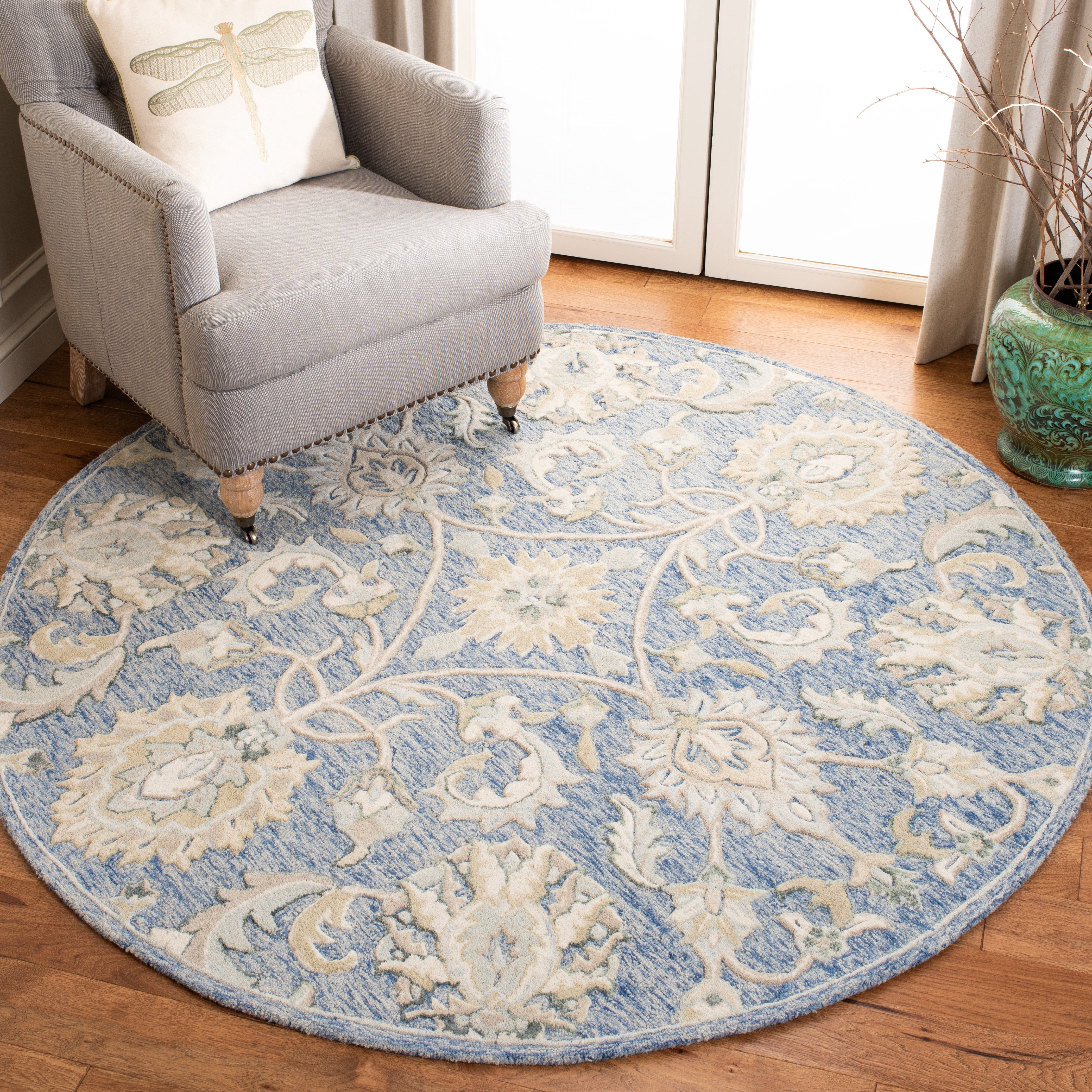 SAFAVIEH Glamour Catrine Bordered Wool Area Rug, Blue/Beige, 6' x 6' Round