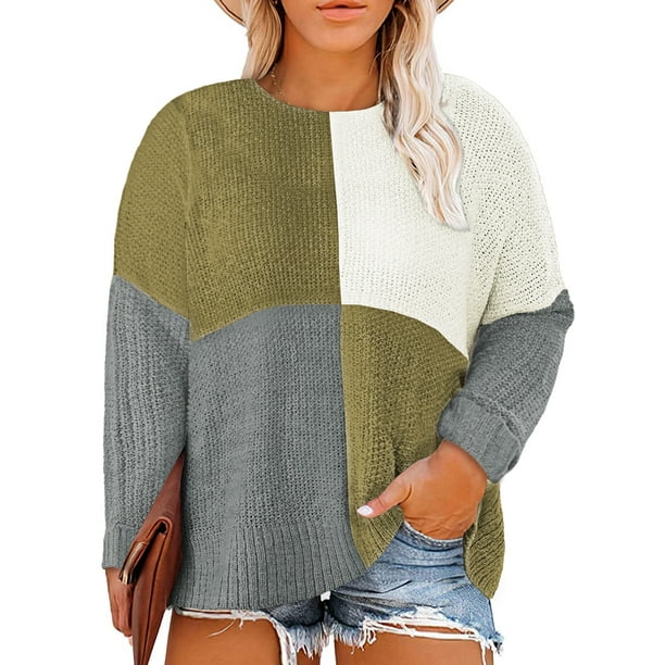 Eytino Womens Plus Size Colorblock Sweaters Crewneck Long Sleeve Side