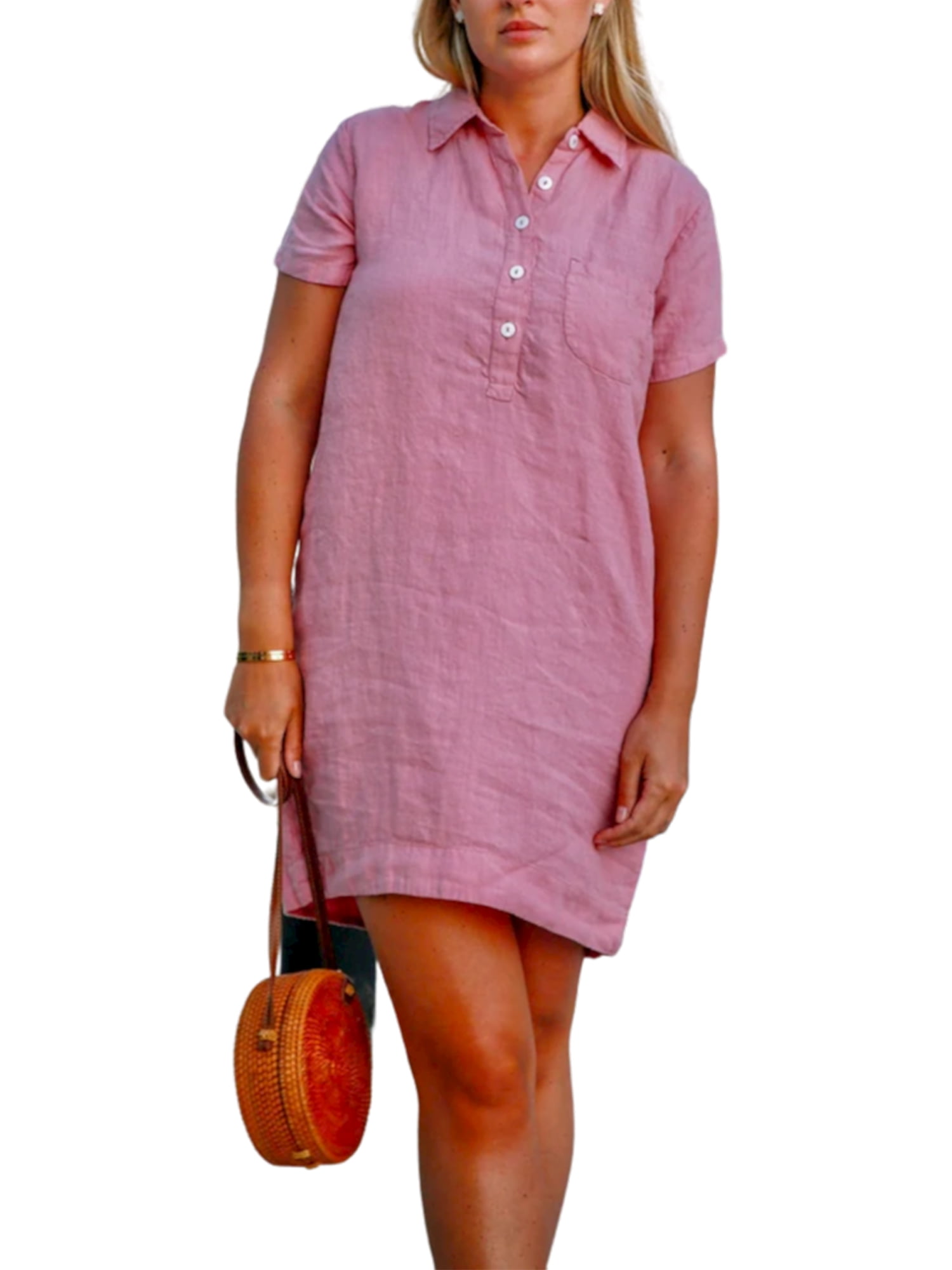 DYMADE Womens Cotton Linen Short Sleeve Half Buttons Casual Loose Shirt