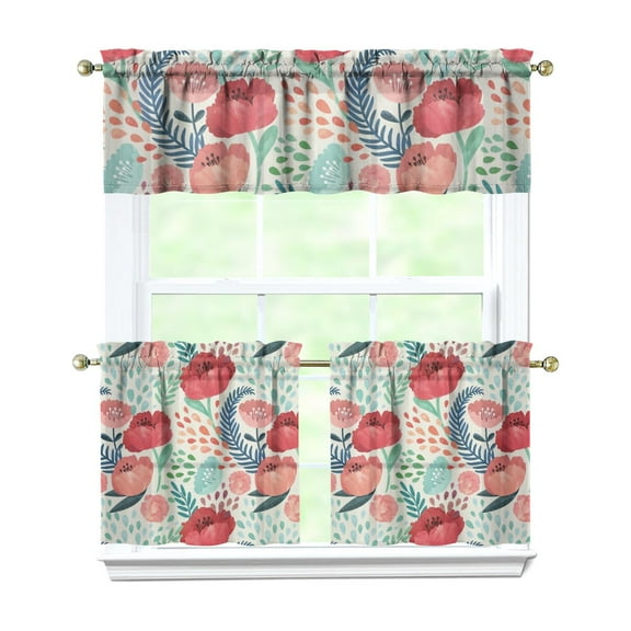 Kitchen Window Curtains over Sink Floral Rose 24 Inch 3 Pieces Set Small Window Cafe Curtains for Home Decor Rod Pocket Tier Drapes