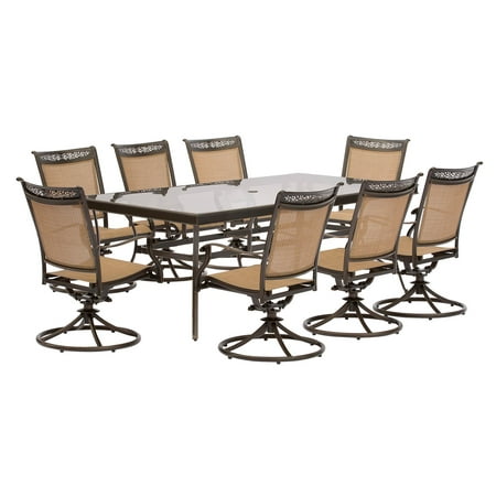 Hanover Fontana 9-Piece Outdoor Dining Set with Swivel Rockers and Glass-Top Table