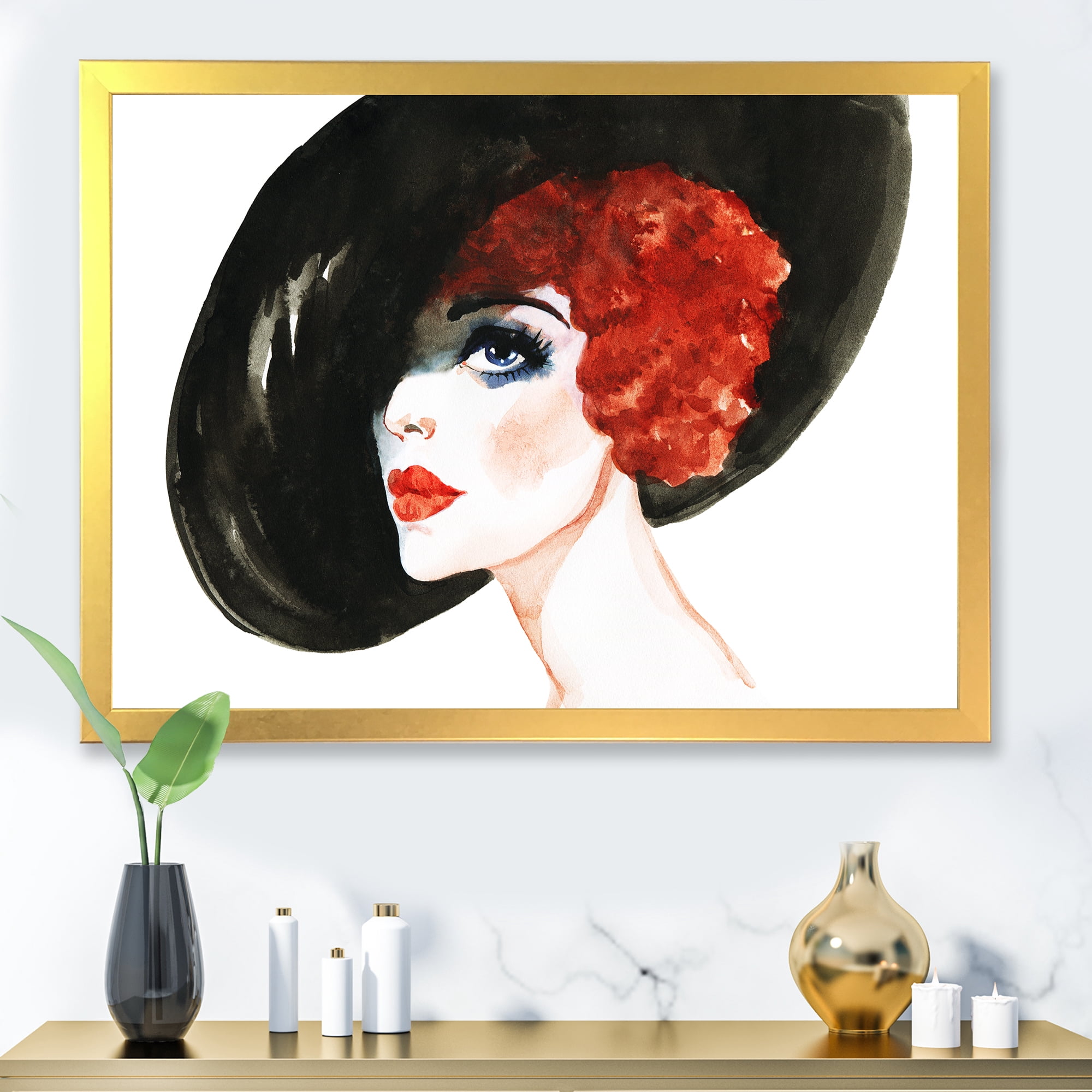 Designart 'Portrait of Woman Red Head Lady In Hat' Modern Framed Art Print