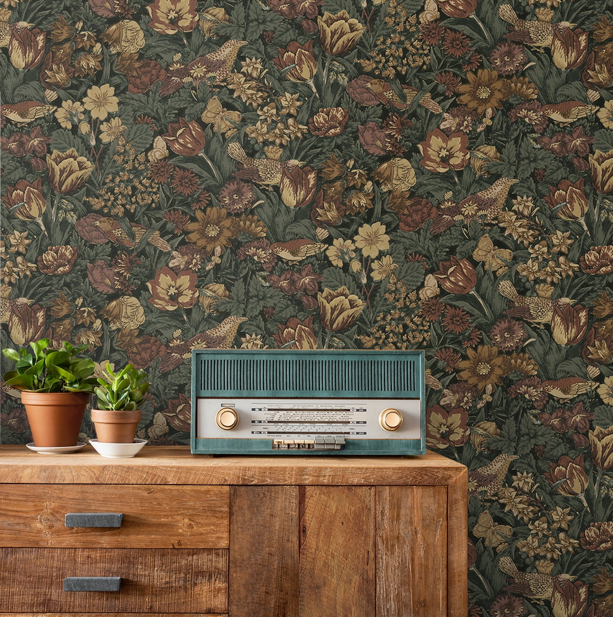 Seabrook Designs Mahogany & Graphite Bird Floral Prepasted Wallpaper