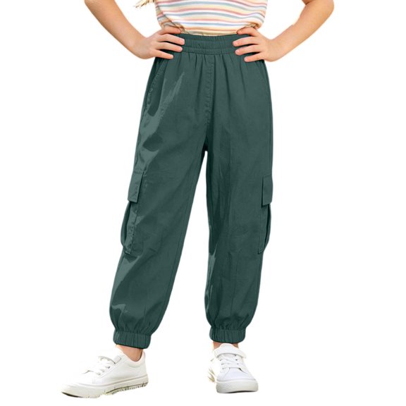 School Uniform Pants for Girls Back To School Pocket Lightweight Elastic Waistband Solid Print Cargo Pants for Girls Size 3-4 Years