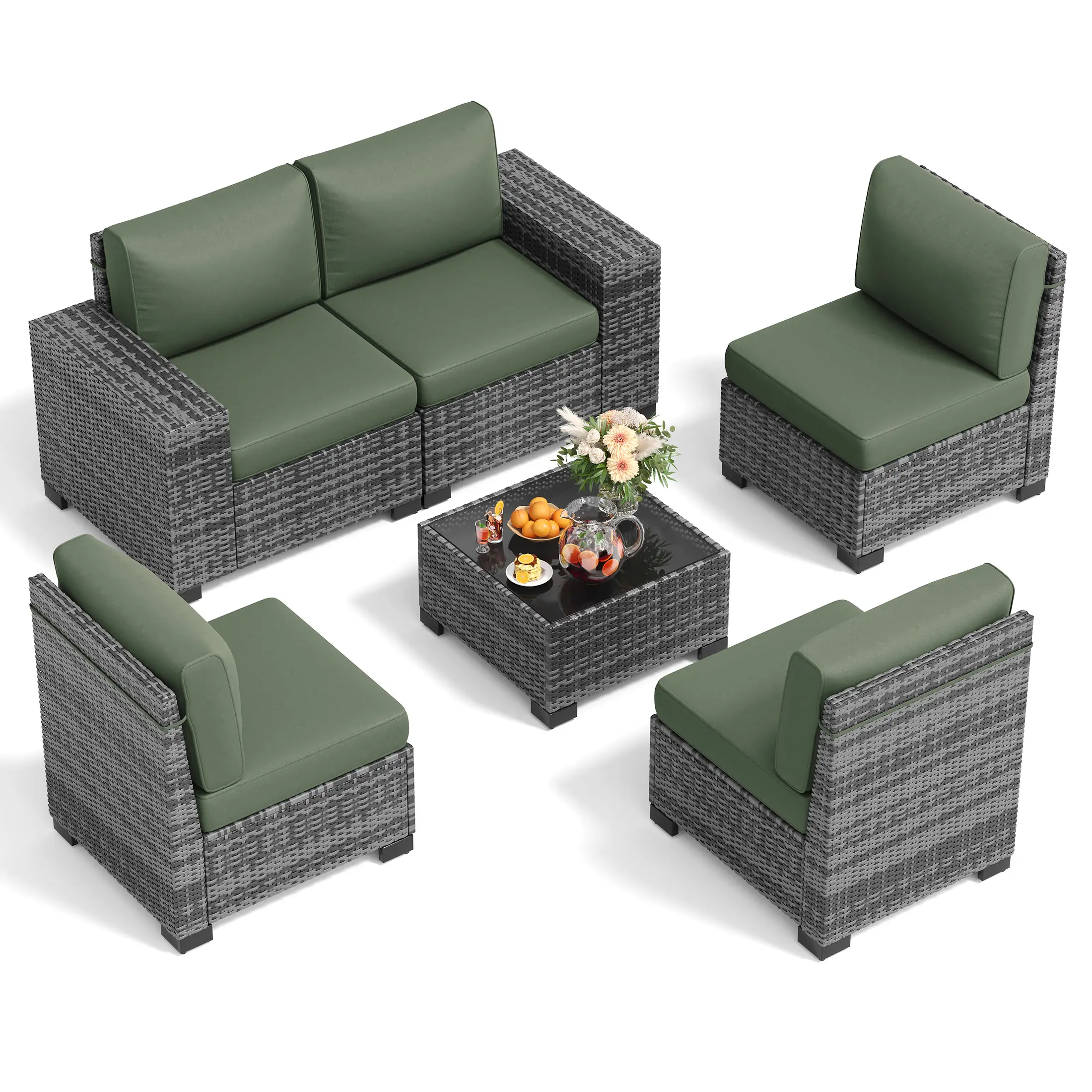 UDPATIO 6-Piece Patio Furniture Set, Outdoor Patio Sofa Set With Wide Armrest, All-Weather Wicker Rattan Guest Set With Cushion And Glass Table And Waterproof Cover, Grey &Green