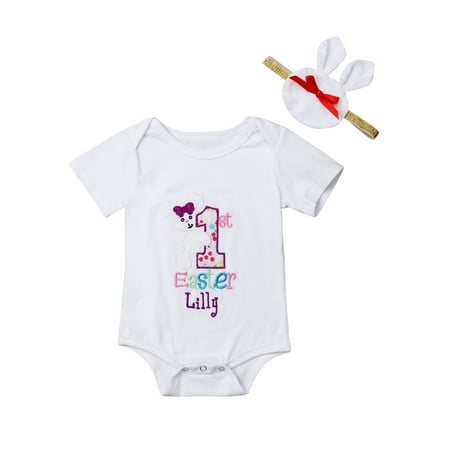 

Newborn Infant Baby Girls 2Pcs Easter OutfitShort Sleeve Letter Print Romper Bunny Headband Summer Set