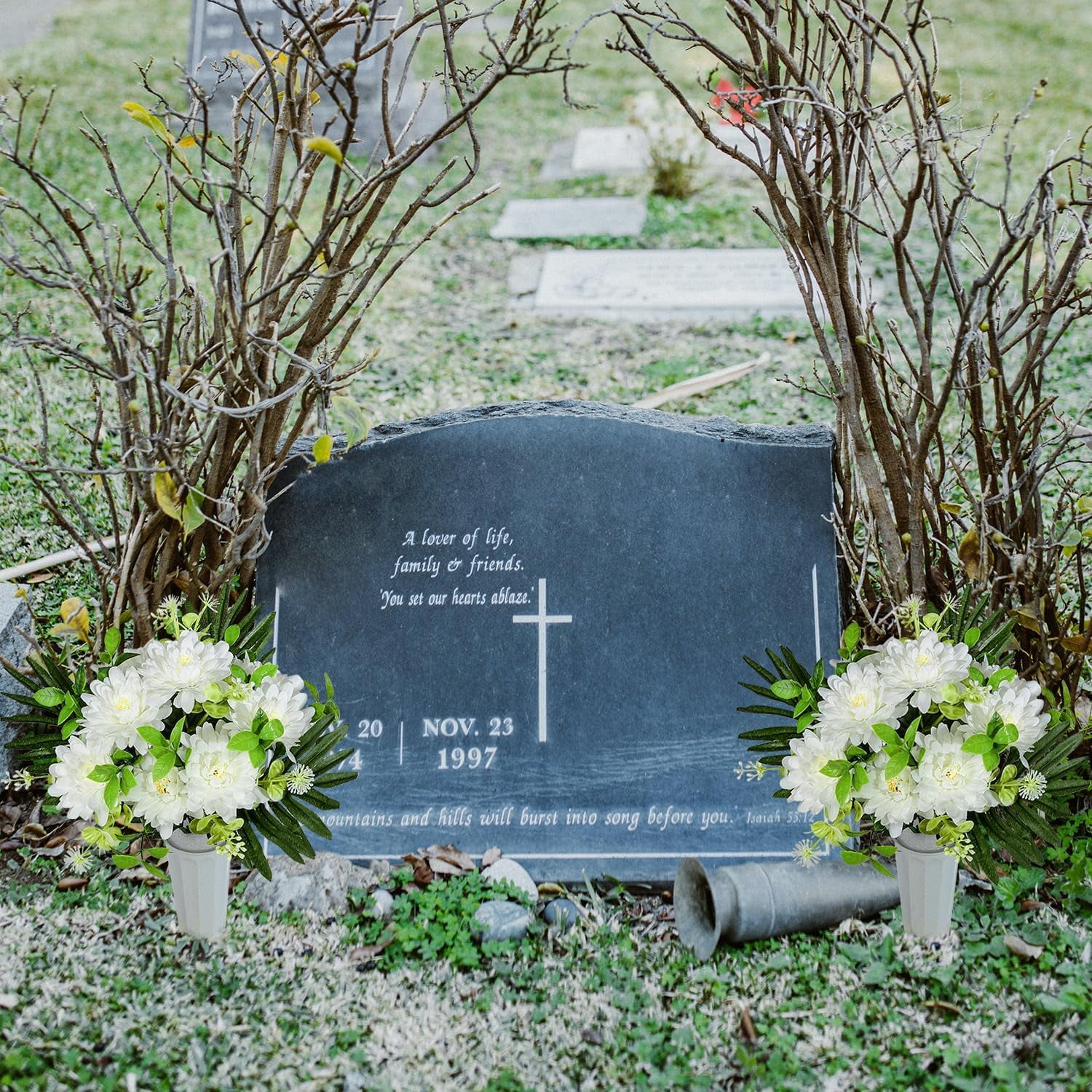 Artificial Cemetery Flowers for Grave, Set of 2 Artificial Memorial Flowers with Vase for Outdoor Cemetery Headstones Graveyard Gravestone Decoration (Red Lily&White Purple Peony)