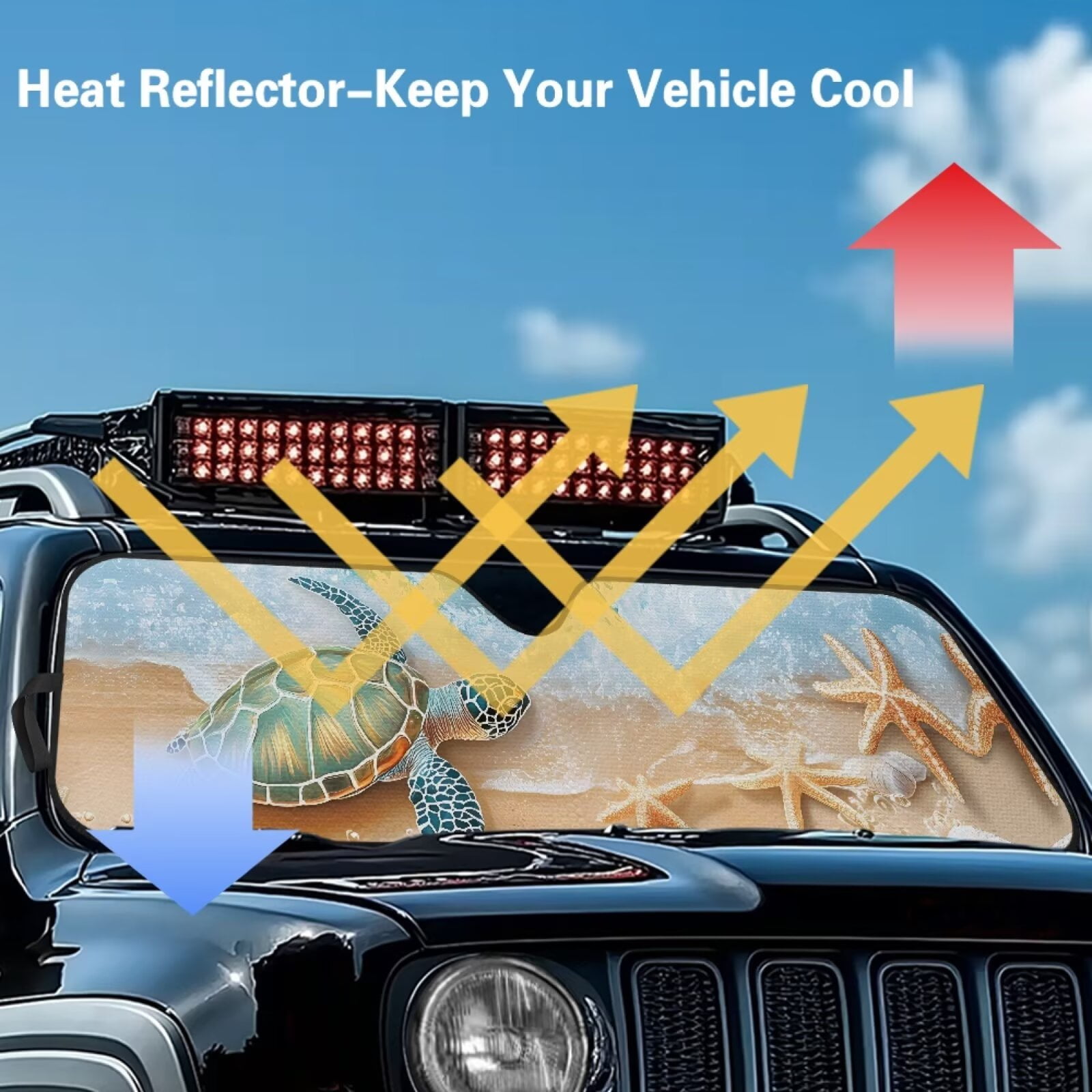 Uorisanigo Windshield Sunshade, Blocks UV Rays Beach Turtle Starfish Sun Visor Shield, Compatible with Rubicon Sahara TJ JK JKU 2 & 4 Door, Accessories for Jeep Wrangler - 52.95x16.14 inches