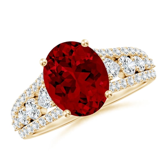 ANGARA Classic Oval Lab Grown 3.3 Ct Ruby Split Shank Engagement Ring for Women in 14K Yellow Gold (Size-10x8mm) | July Birthstone, Anniversary, Jewelry Gift for Women | Lab-Grown Ruby Ring