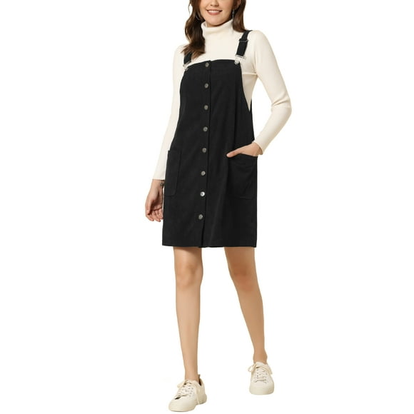 INSPIRE CHIC Women's Corduroy Dress Adjustable Straps Button Down Pinafore Overall Dress with Pockets XS Black