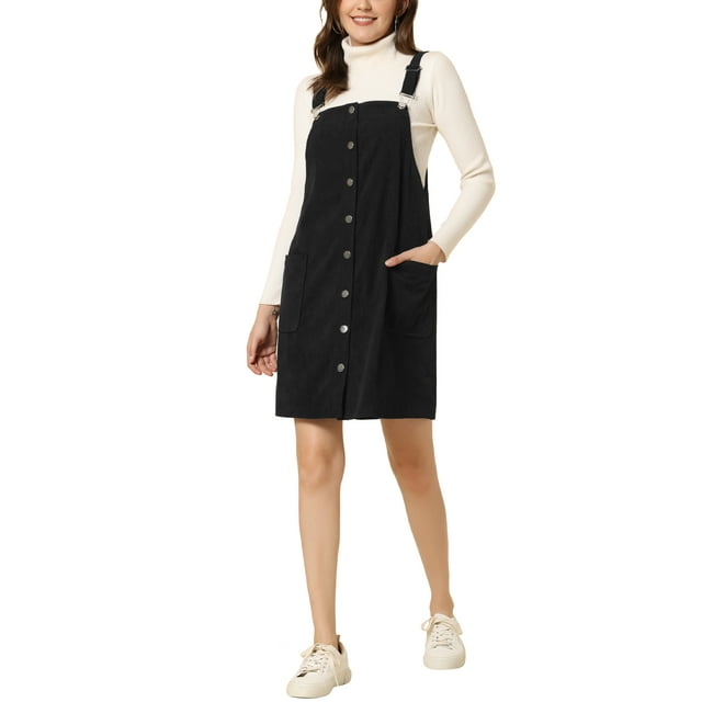 INSPIRE CHIC Robe en Velours Côtelé pour Femme Bretelles Ajustables Tablier Boutonné Robe Salopette avec Poches TP Noir