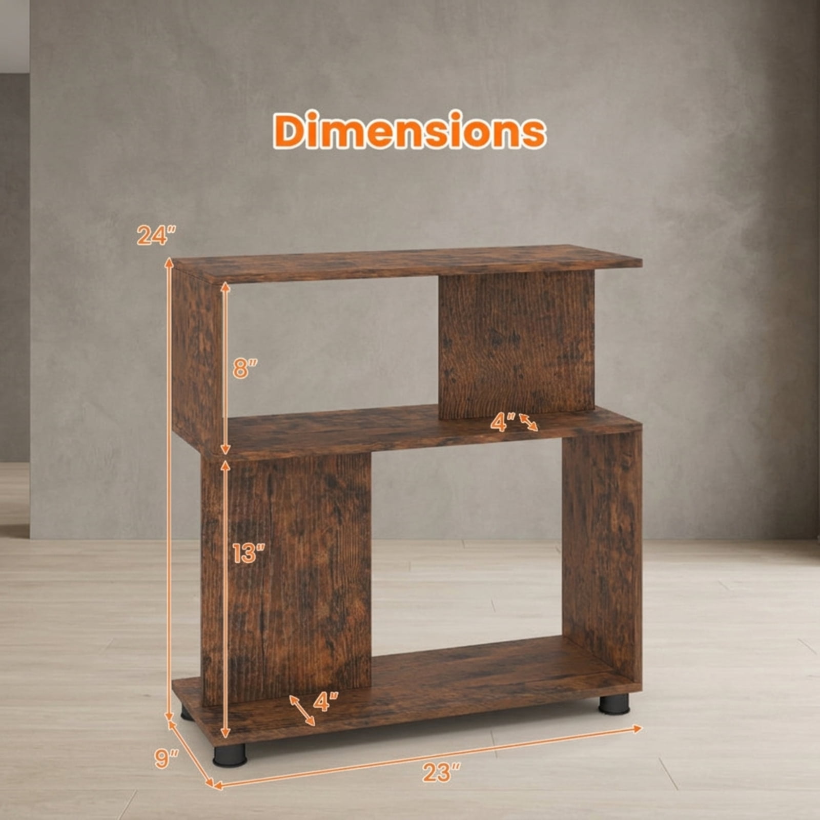 Furnibear 3-Tier Modern S-Shaped Bookshelf with Reversible Design Adjustable Feet and Anti-Tipping Kits for Living Room and Study, Rustic, Brown