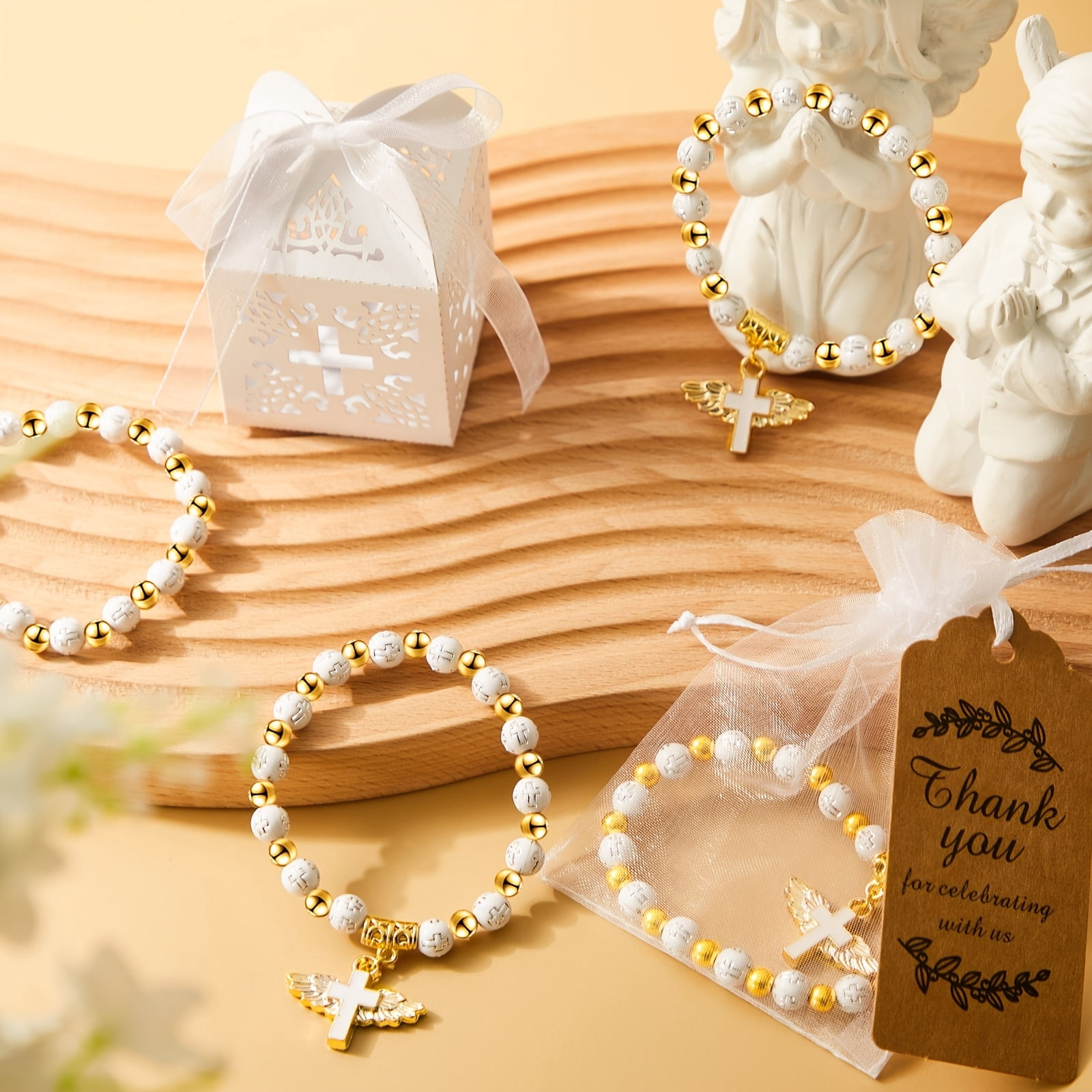 100 Pcs Baptism Favor Set, Angel Cross Rosary Beaded Bracelets with Gift Boxes Thank You Tags and Organza Bags, Religious Party Favors for Baptism Communion Christening Celebration Guests