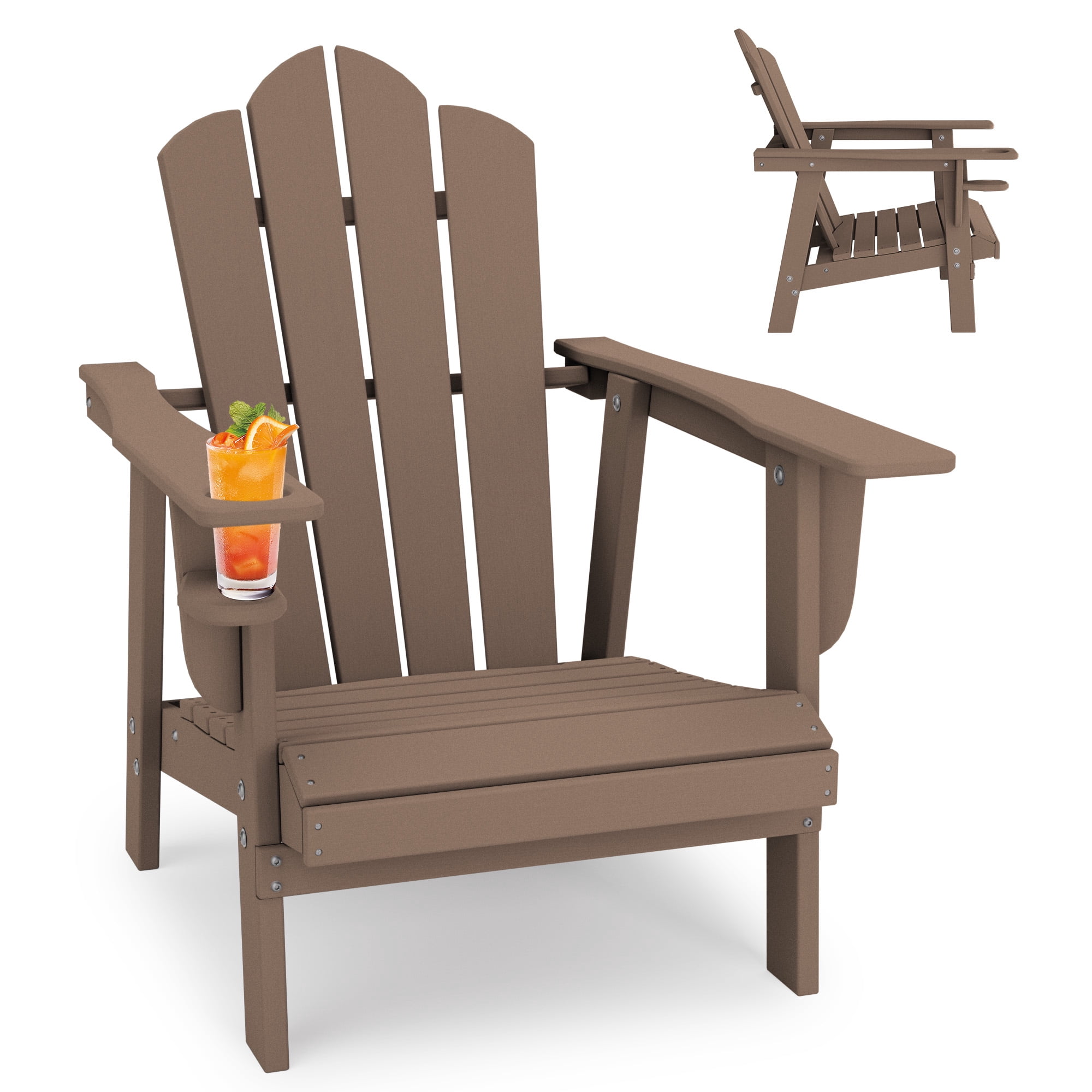 Tappio HDPE Adirondack Chair, Patio Seat All Weather Outdoor Patio Chair with Cup Holder for Lawn Yard Fire Pit, Brown