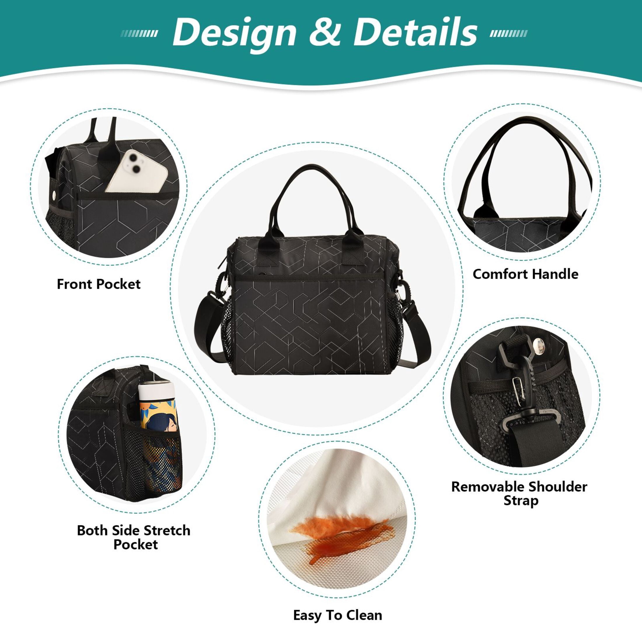 Lunch Bag Insulated Lunch Box Leakproof Reusable Cooler Tote Adjustable Shoulder Strap for Men Women Black Simple Geometric Lines 9L