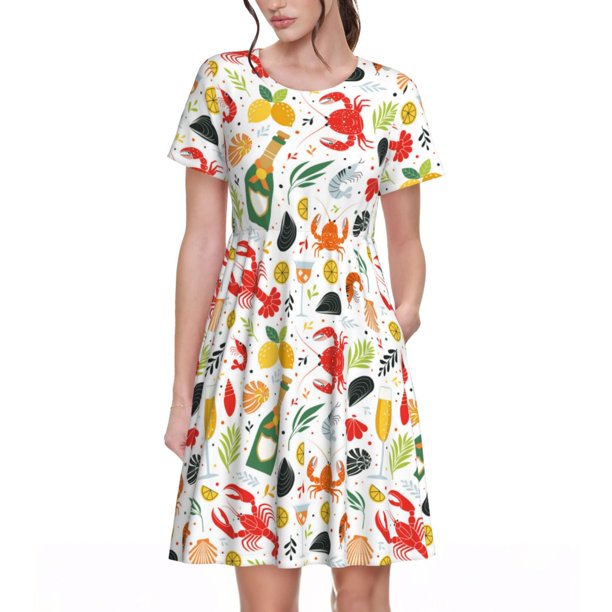 Disketp Crabs Shrimps para Vestido de Manga Corta para Mujeres, Vestidos de Verano para Mujeres, Casual y Holgado para la Playa