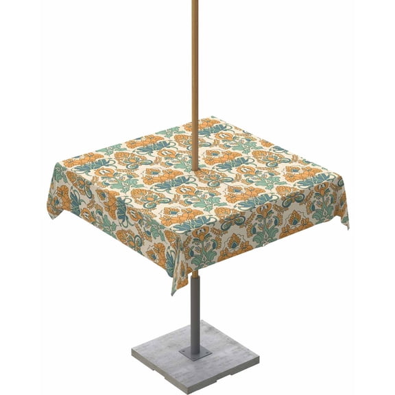 Outdoor Tablecloth with Umbrella Hole for Patio/Picnic/Party/Camping, Orange Teal Geometric Waterproof Table Cloth Square Cover Washable, Ethnic Southwest Country 54"x 54"