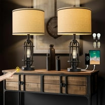 23.75" Industrial Black Metal Table Lamp Living Room Bedside Lamp Bedroom Lamp Set of Two with Bulb
