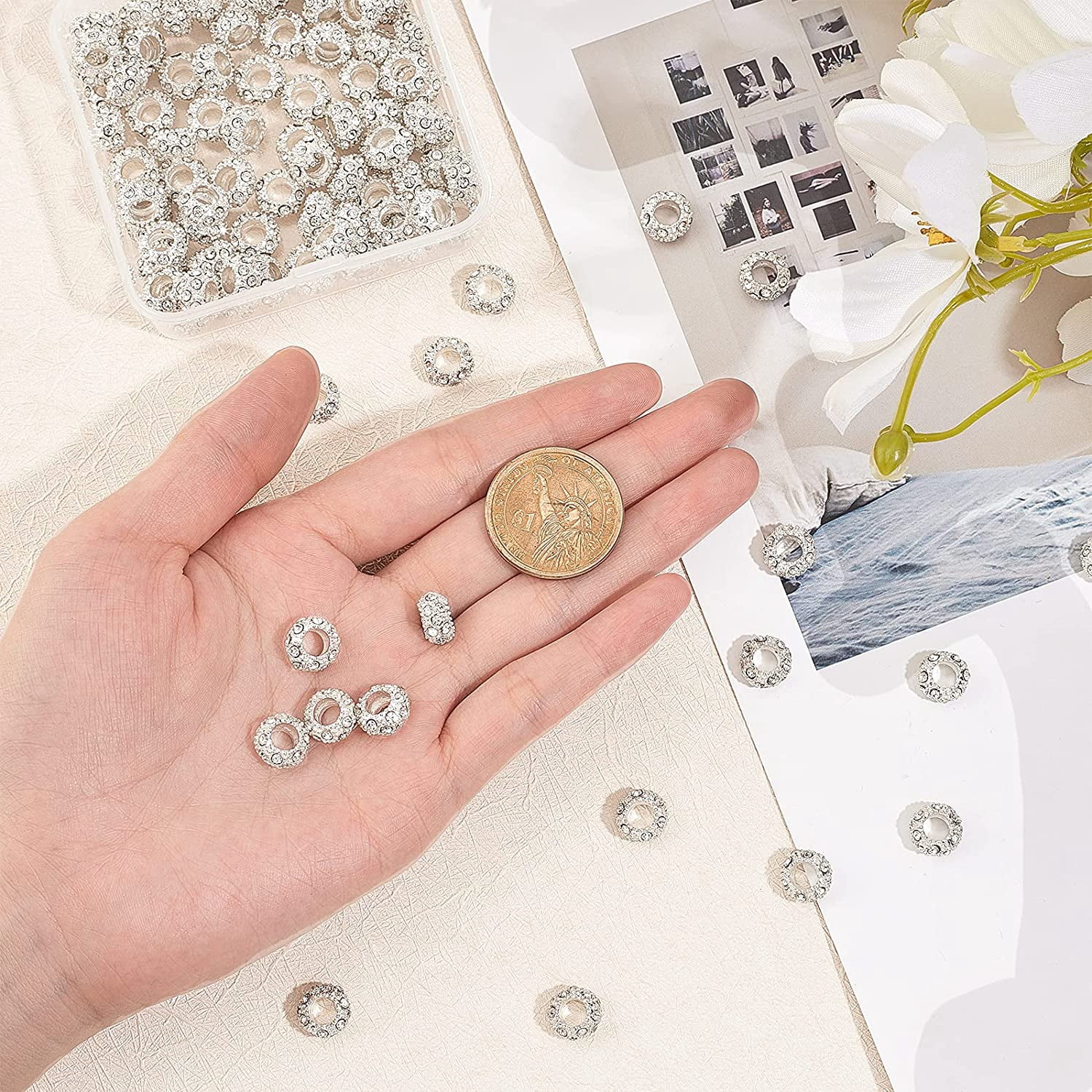 100pcs Rhinestone Large Hole Beads Diamond European Beads Garden Decor Beaded Rondelle Slide Spacer Beads Hair Beads Fit Bracelet Snake Chain Yard Patio Plant Pot Flower Decor Hole: 5mmClear