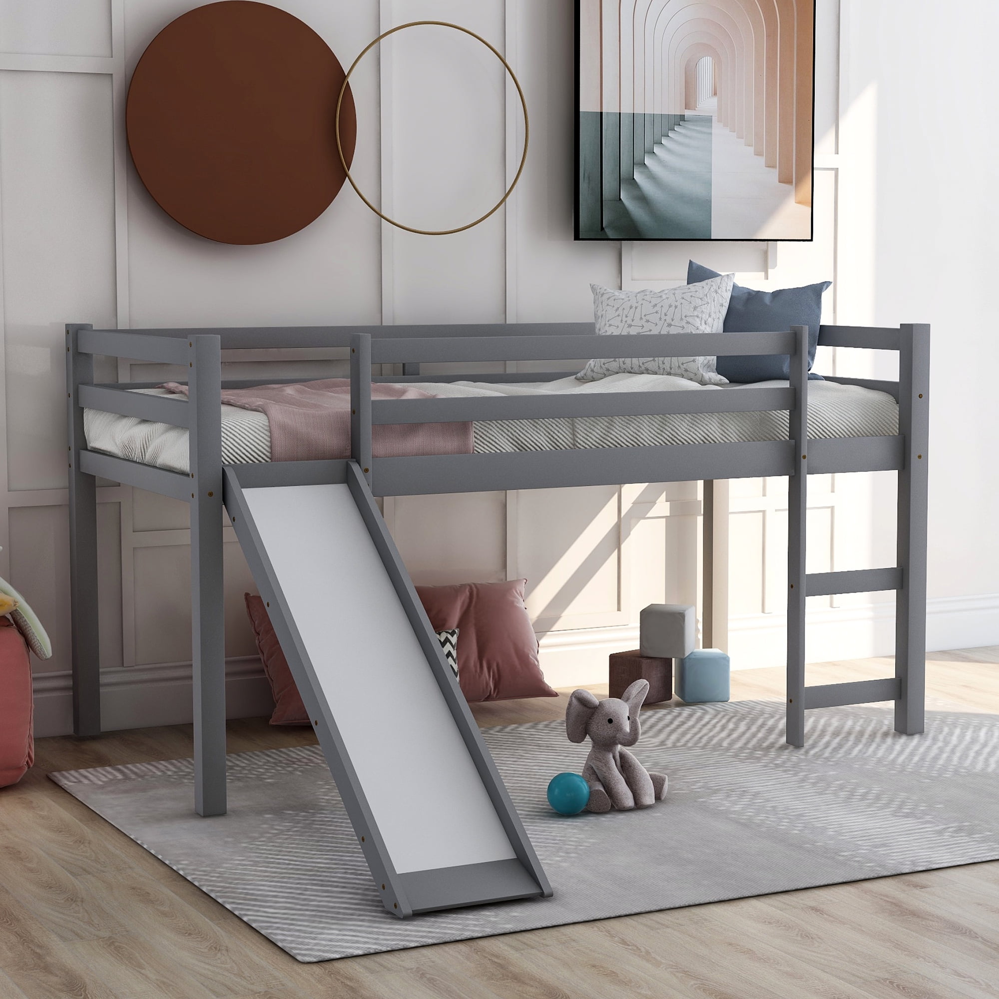 Twin Loft Bed with Slide, URHOMEPRO Wood Low Loft Bed Bunk Bed with