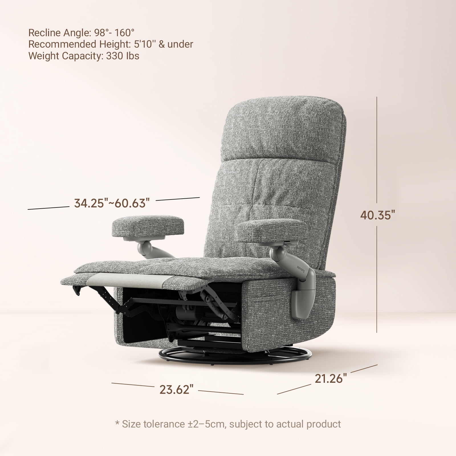 MAMAZING Nursery Chair Silent Rocking Ergonomic Removable Swivel Glider Recliner, Adjustable Armrests & Headrest, Gray
