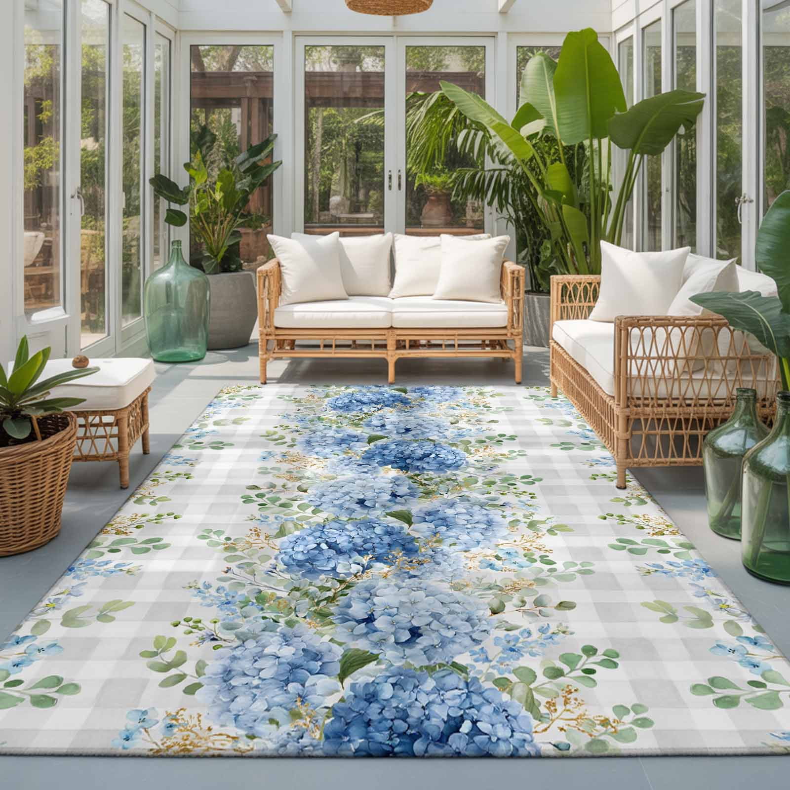 Blue Flower Rectangle Rug 5'x7' Summer Country Hydrangea Floral Grey Plaid Washable Area Rugs for Living Room Bedroom Entryway Non Slip&nbsp; Entrance Door Mat Indoor Floor Carpet