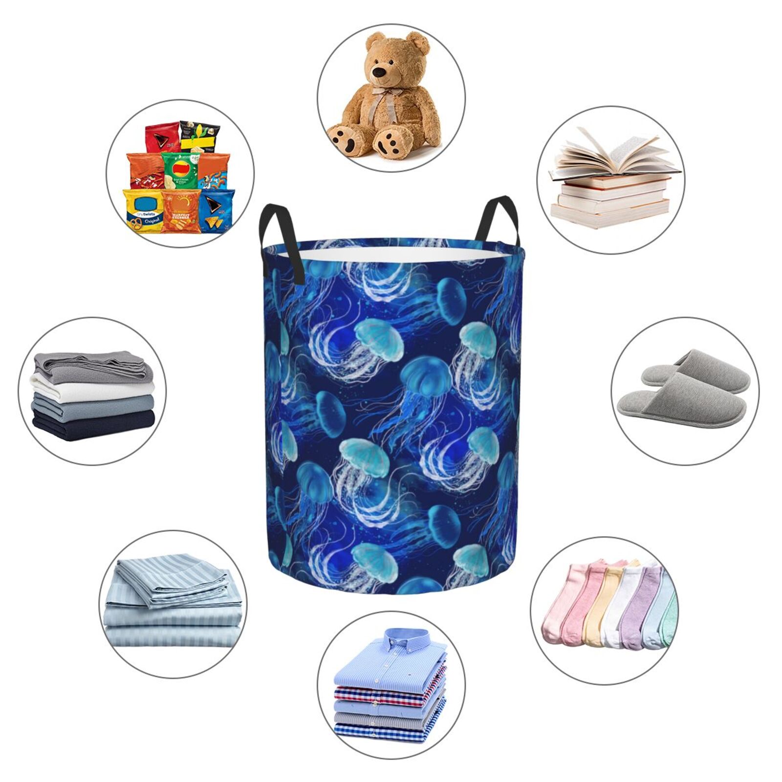 Large Laundry Basket with Handles - Glowing Jellyfish Pattern Kids Baby Dirty Clothes Laundry Hamper for Bedroom Aesthetic