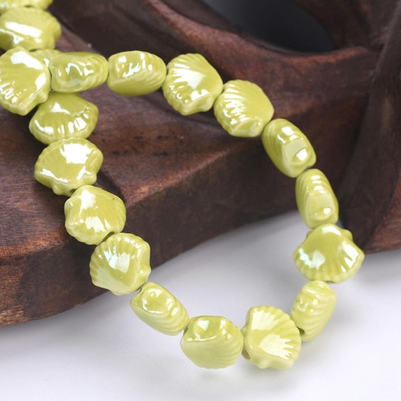 U8MO 10pcs 11x9mm Scallop Handmade Shiny Glossy Glazed Ceramic Porcelain Loose Beads-Olive Green