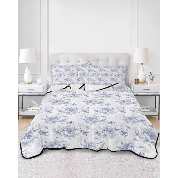 Quilts Queen Size, Blue Spring Floral Soft Comforter Bedding Set for Bed, Summer Botanical Elegant Flowers Lightweight Quilted Bedspread with Pillow Cover(2 Pieces) for All Season, 90x96 Inch