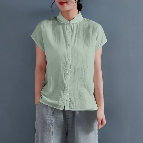Mceream Women Linen Shirts and Blouses Summer Short Sleeve Button Down Shirts Collar Blouses Loose Fit Casual Business Work Office Clothes Cute Tees Outfits Blouse Green XXL