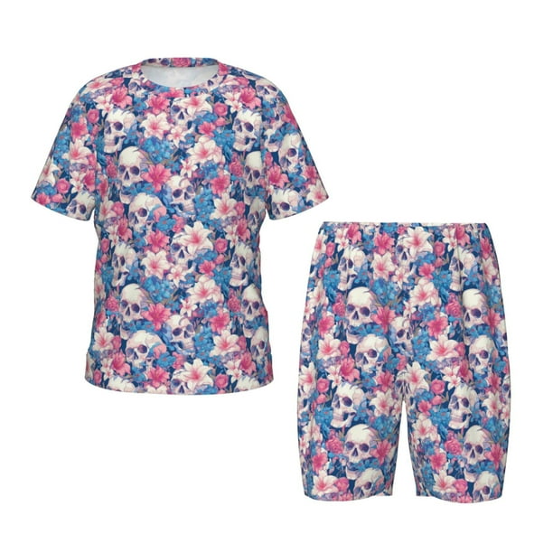 Fotbe Skull Pijama Estampada de 2 Piezas para Niños – Ropa de Dormir de Manga Corta Cómoda para Niños y Niñas, Camiseta y Shorts de Algodón-Medium