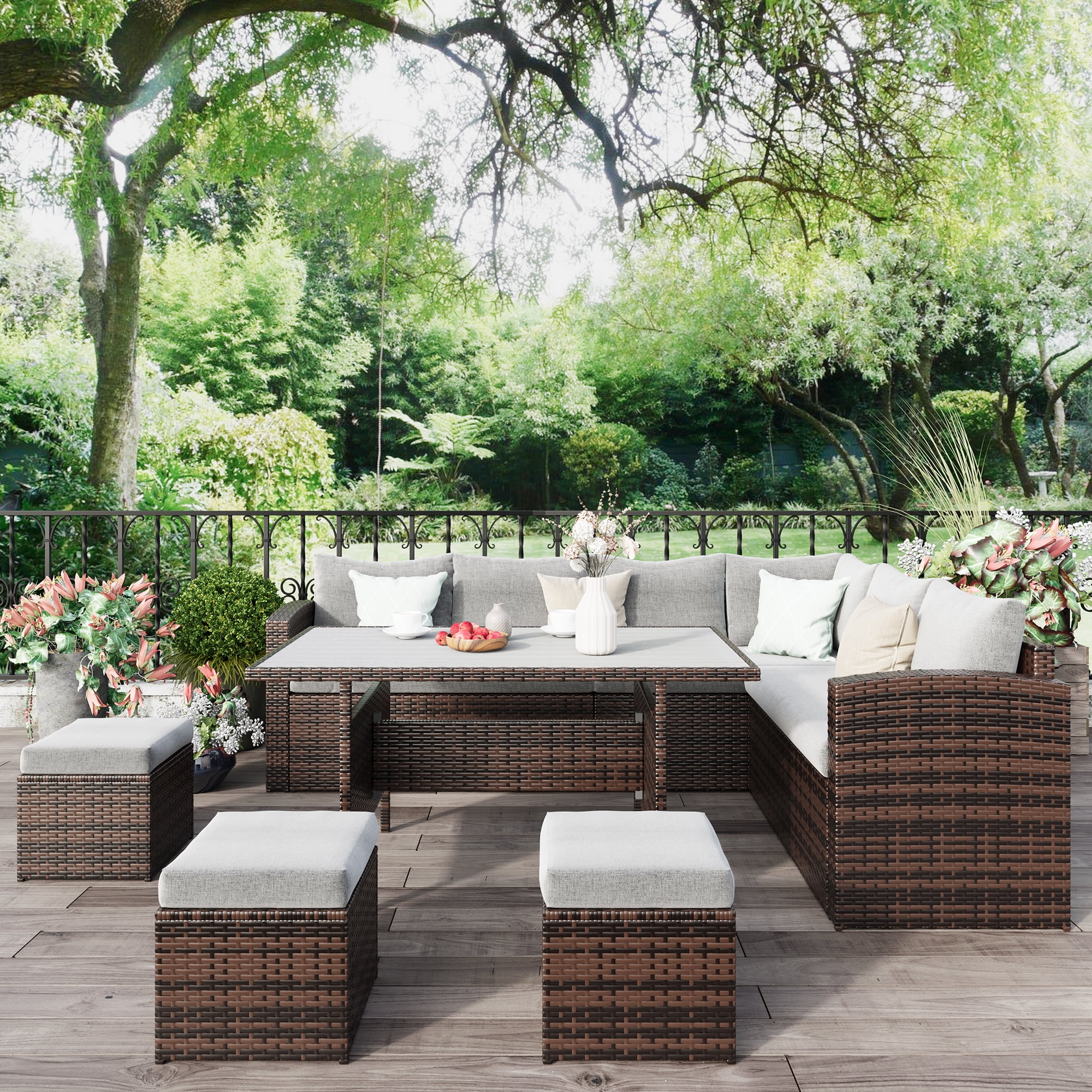Patio Furniture Set, 7 Piece Outdoor Wicker Patio Furniture with High Curved Back Dining Sectional Sofa, Dining Table, Ottomans and Cushions, All Weather Conversation Set, Grey