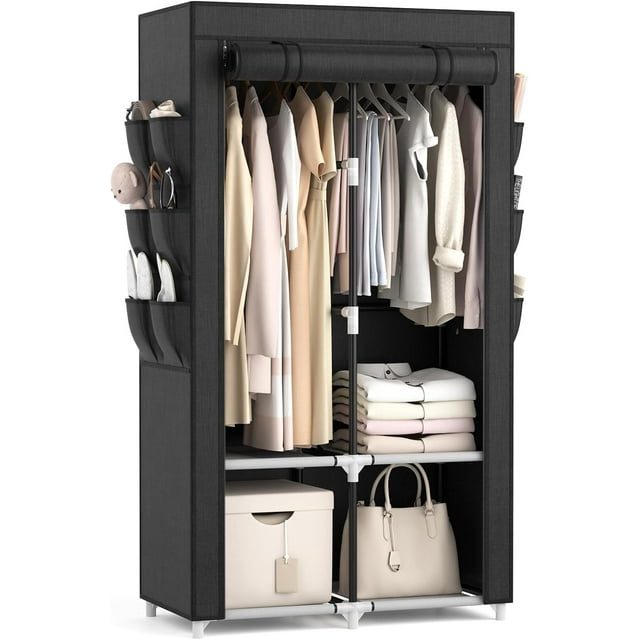 VTRIN - clóset portátil, organizador de clóset para colgar ropa con 4 estantes de almacenamiento, 2 varillas colgantes y 6 bolsillos, perchero de pie con funda resistente y fácil de montar, color