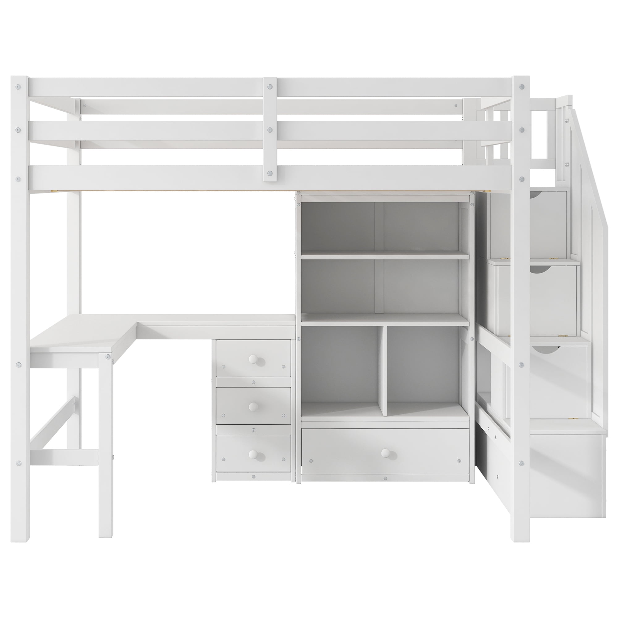 Euroco Full Size Pine Wood Loft Bed with Desk and Cabinets for Kids Room, Storage Staircase Shelf, White
