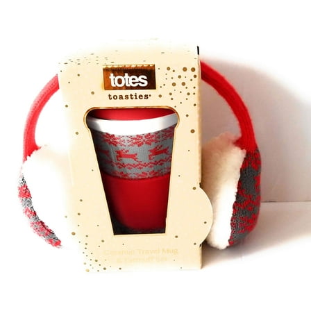 Totes Toasties Red ceramic travel mug and earmuff set.