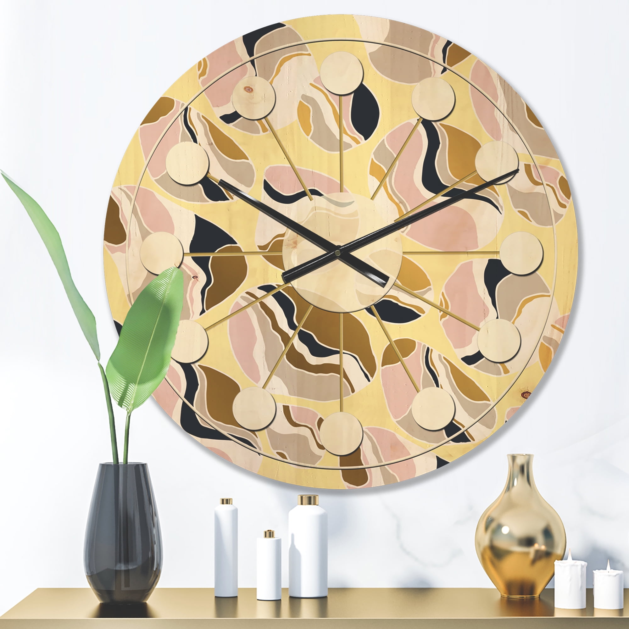 Designart 'Golden Abstract River Stones' Mid-Century Modern Wood Wall Clock