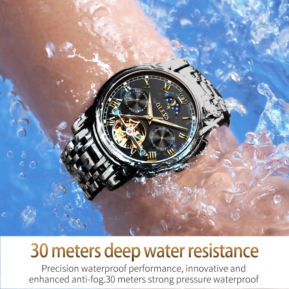 OLEVS Automatic Watches for Mens Skeleton Mechanical Self Winding Chronograph Calendar Classic Dress Moon Phase Multifunction Mens Wrist Watches Luminous Waterproof Stainless Steel Reloj Para Hombre