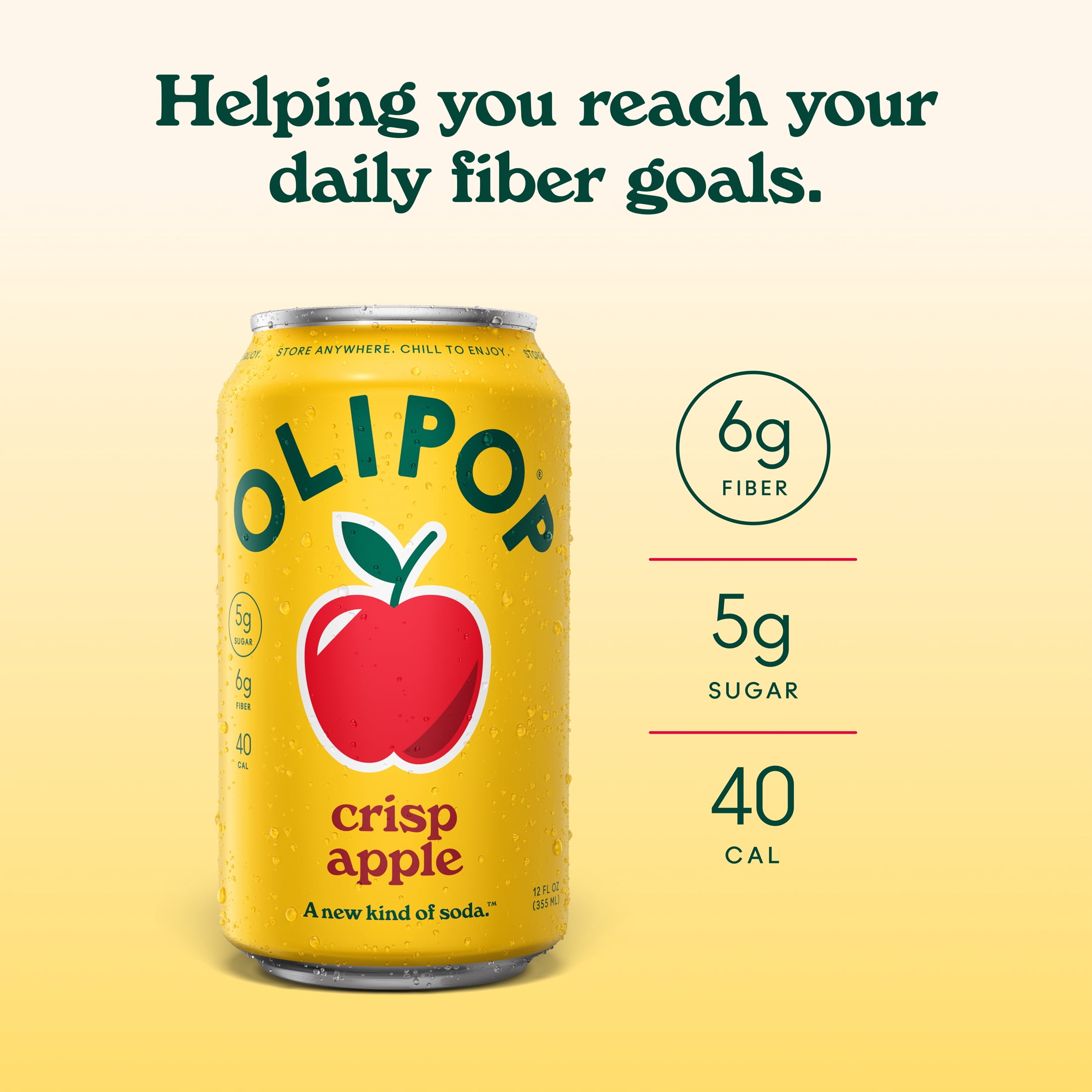 OLIPOP 6g Fiber Prebiotic Soda, Crisp Apple, 12 fl oz, 4 Pack
