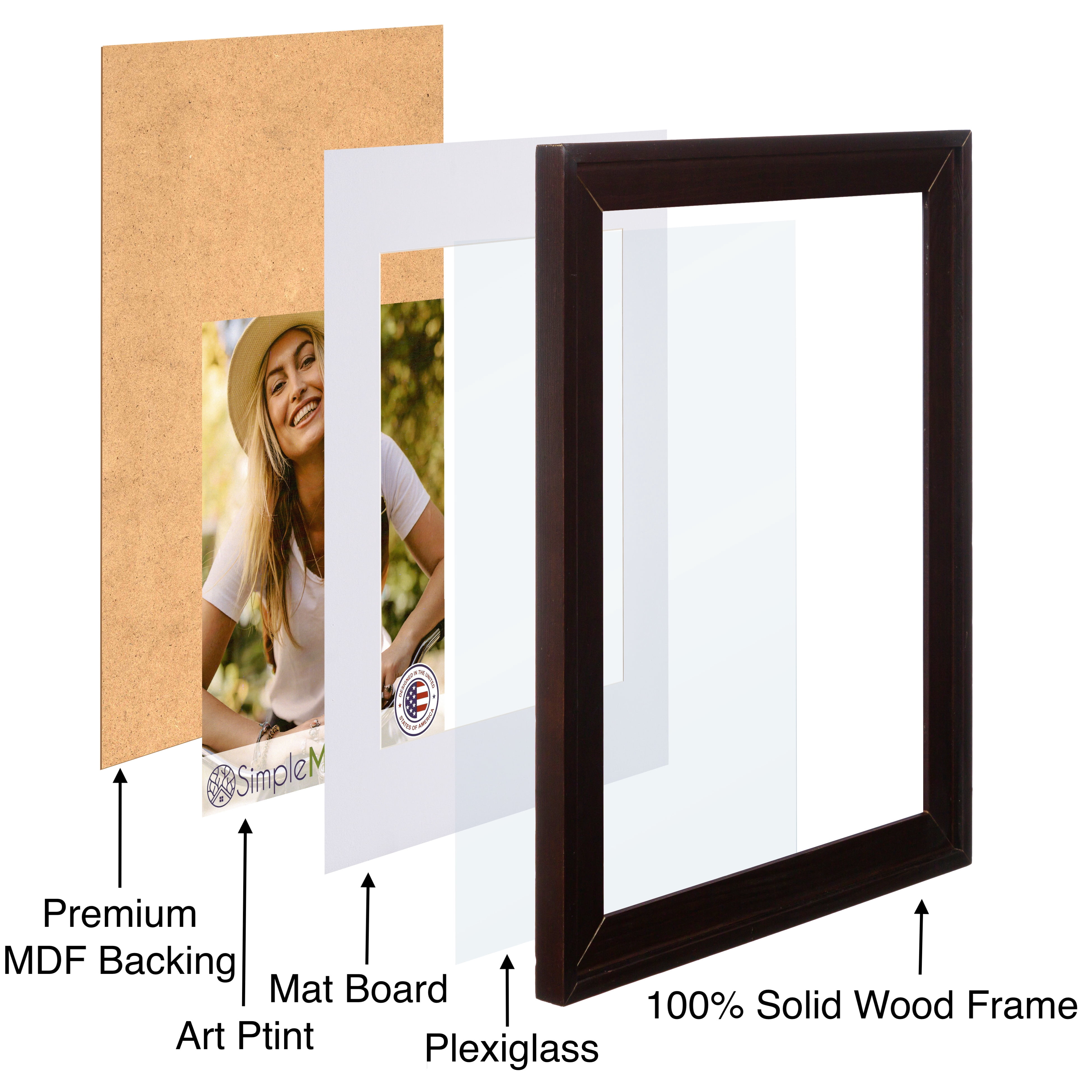 100% Solid Wood 16x20 Poster Picture Frame with Mat or 18x24 without Mat - Rustic Natural Wooden Wall Photo Frames, Brown