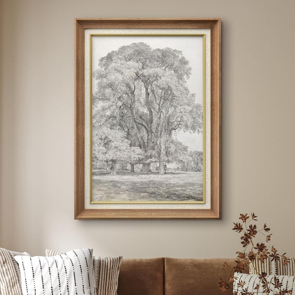 Black Sketch Oak Tree Forest Landscape Vintage Antique Retro Rustic Farmhouse Wall Art Living Room And Gallery Wall Decor