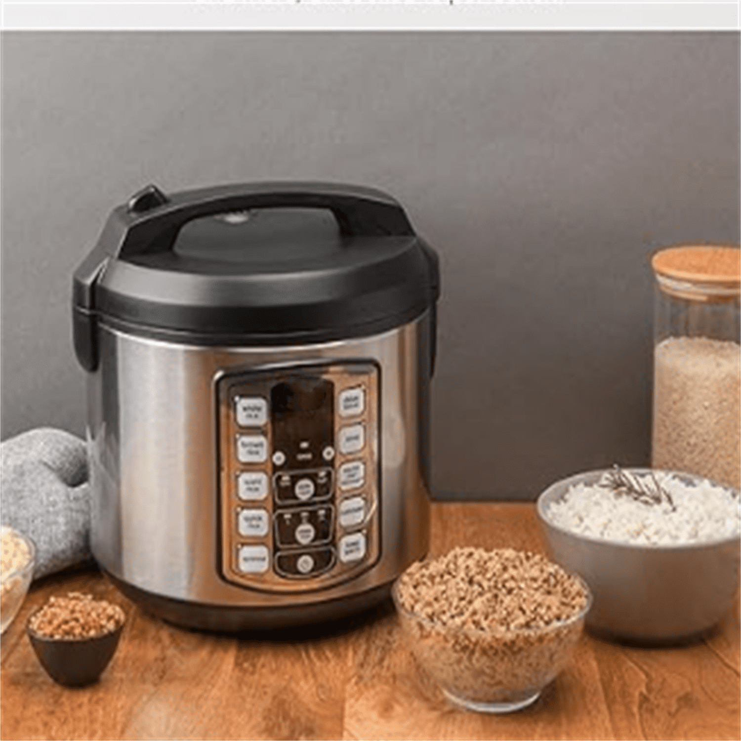 Housewares Professional  20 Cup (Cooked) Digital Rice Cooker, Food Steamer, Slow Cooker, Stainless Exterior/Nonstick Pot, Silver, Black, 10-cup uncooked/20-cup cooked/4QT