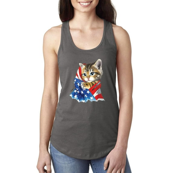 MmF - Women's Racerback Tank Top, up to Women Size 2XL - American Flag 4th of July Kitty