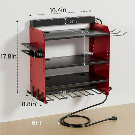 Garage Power Tool Organizer Wall Mount – 4-Layer Heavy Duty Drill & Battery Rack with Charging Station Cordless Tool Holder 8 Outlet Power Strips & Hooks Gift for Men
