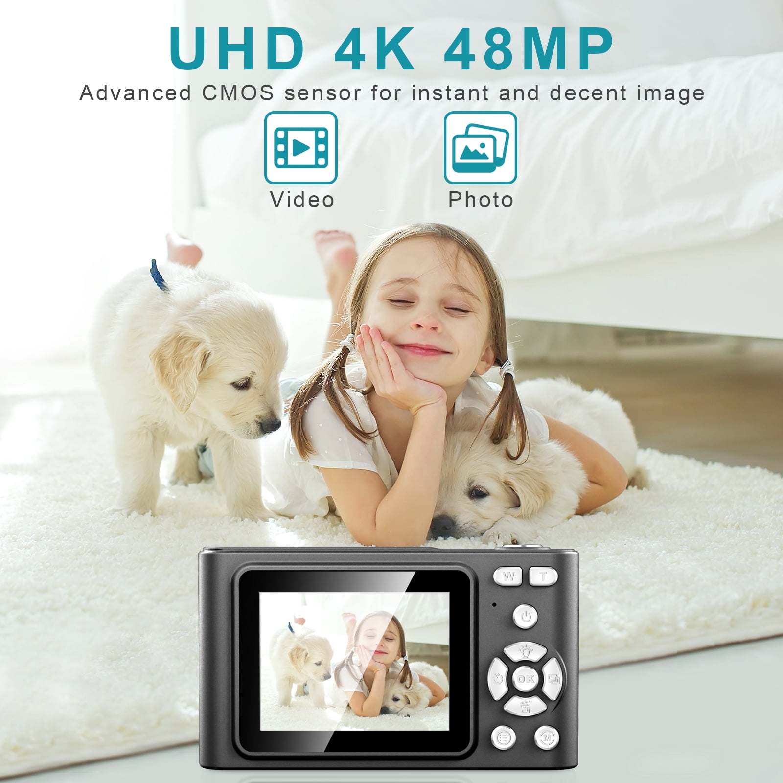 Digital Camera, Camera for Kids, UHD 4K 48MP Point and Shoot Digital Cameras with 64GB SD Card and 16X Digital Zoom Anti Shake, Compact Portable Small Gift for Boys Girls Students, Black